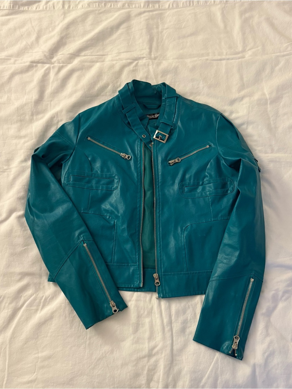 Drama Gold Teal Faux Leather Biker Jacket Moto Edgy Indie size M